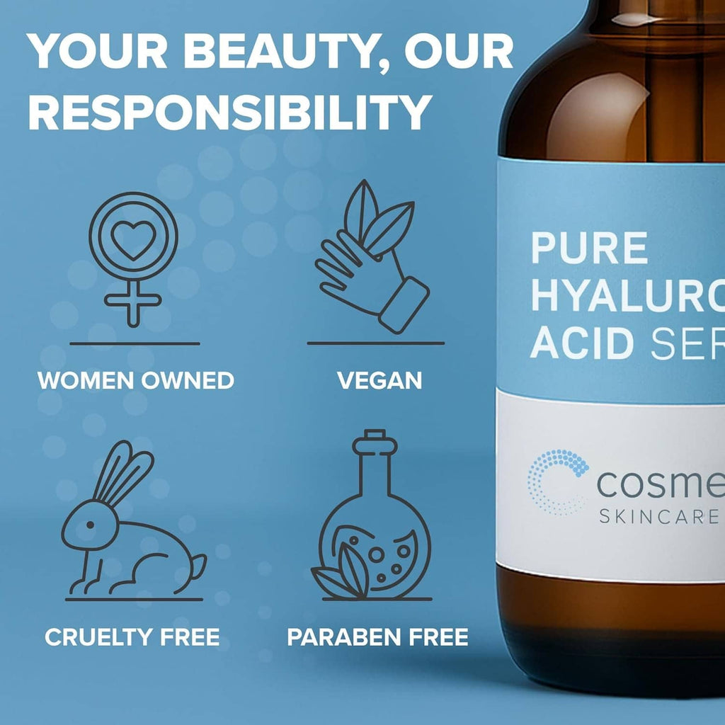Hyaluronic acid serum bottle partially visible with vegan and cruelty-free icons