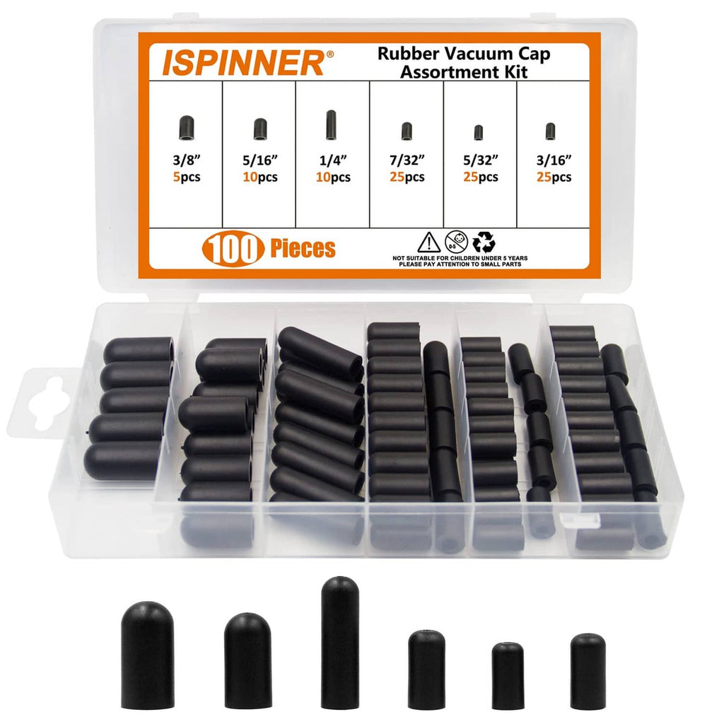 Clear organizer case with black rubber vacuum cap assortment kit pieces