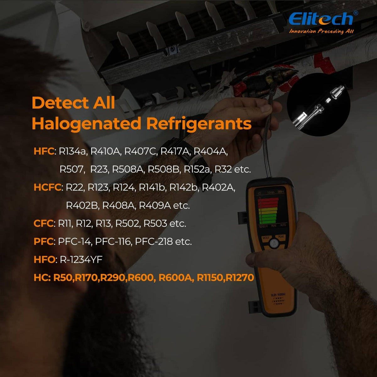 Handheld refrigerant leak detector with flexible probe and illuminated LCD bars