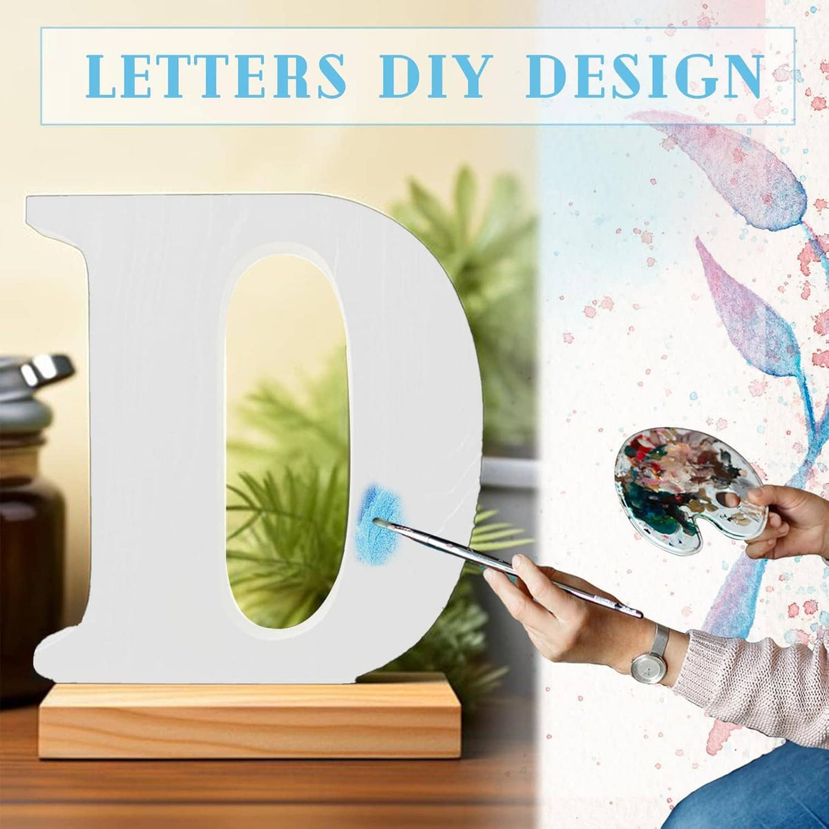 White unfinished wooden letter Q on wooden base, ready for painting