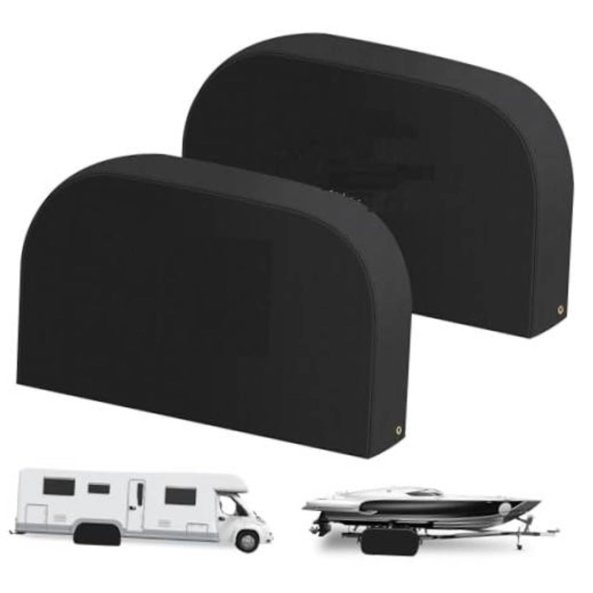 Black dual wheel tire covers with curved front panels, shown as a pair.