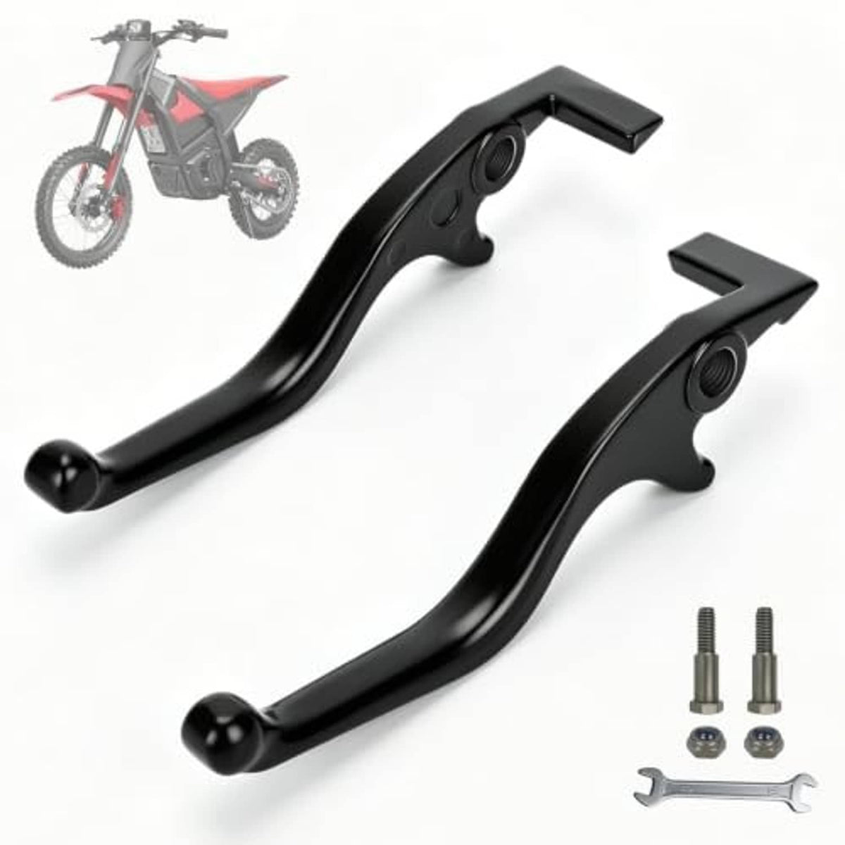 Black aluminum e-bike brake levers set, with installation hardware and Allen tool