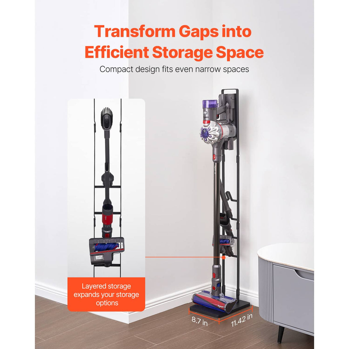 Black vacuum stand with tiered side brackets for compact storage in narrow spaces