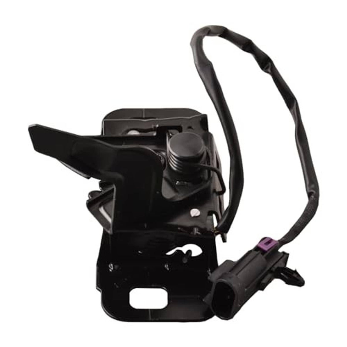 Black hood latch actuator with lever arm and electrical wiring connector