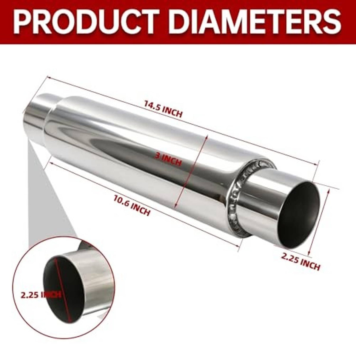 Stainless steel resonator muffler with measured 14.5 in length and 2.25 in end