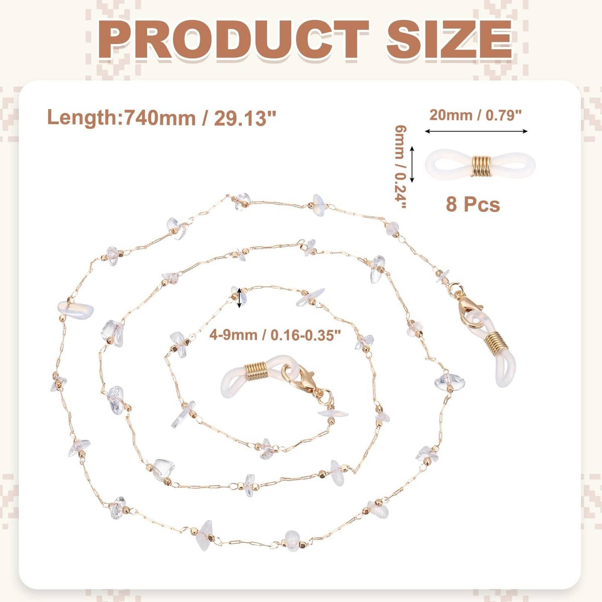 Transparent eyeglasses chain with clear rhinestone beads and gold-tone links, 74 cm