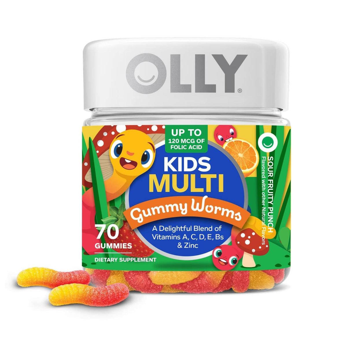 OLLY Kids multivitamin gummy bottle with gummy worms in front, 70 count