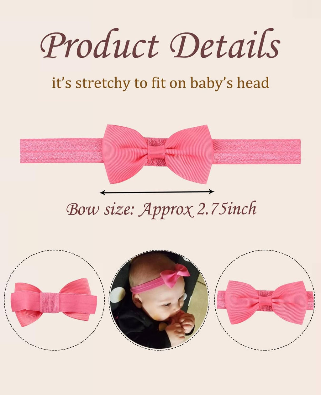 Pink baby headband with centered bow on stretchy fabric band, close-up