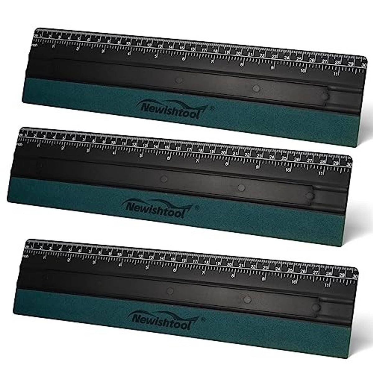 Black vinyl squeegee with clear ruler scale and teal felt pad, Newishtool brand.