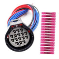 Headlight connector pigtail with round housing, multi-pin socket, red/blue/black wires