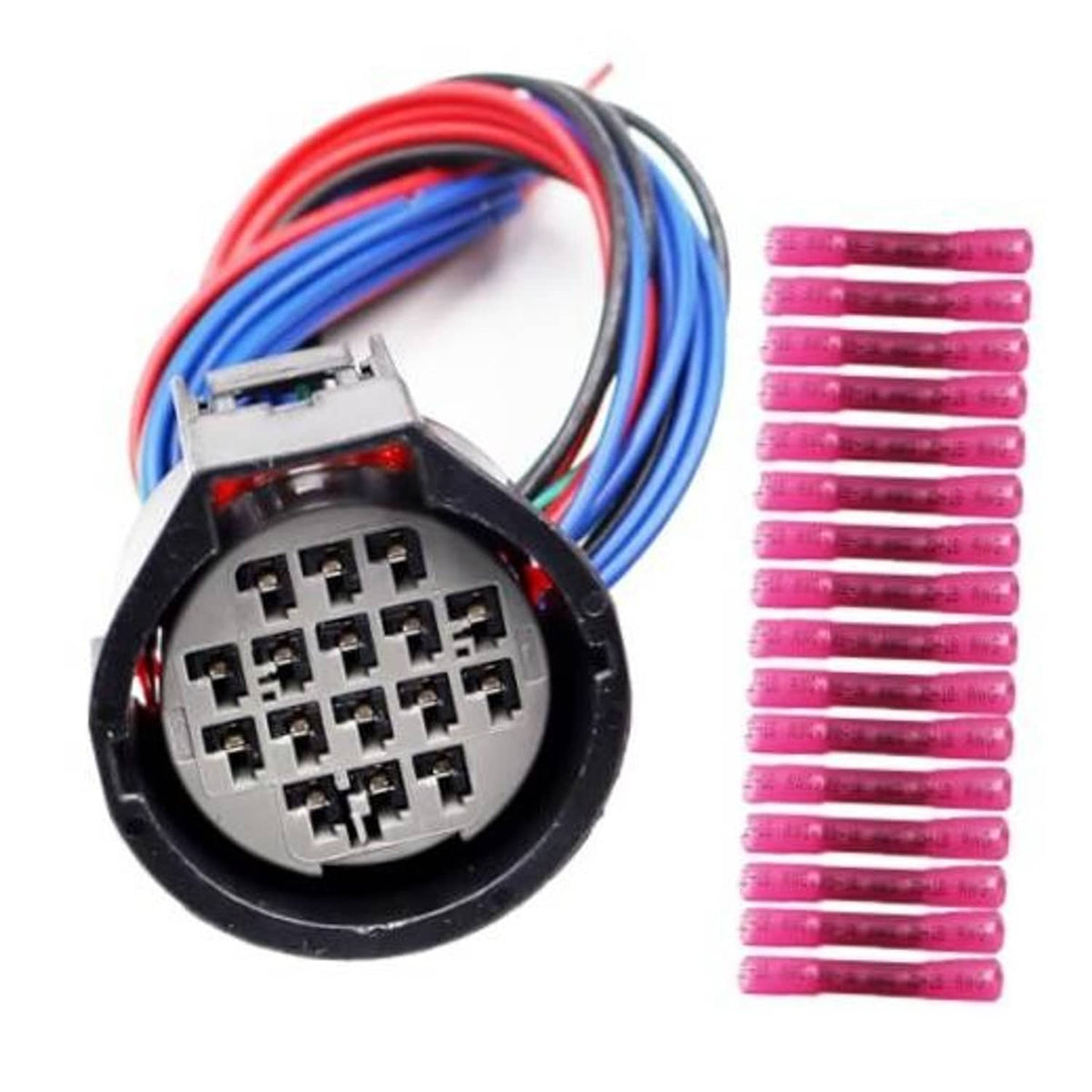 Headlight connector pigtail with round housing, multi-pin socket, red/blue/black wires