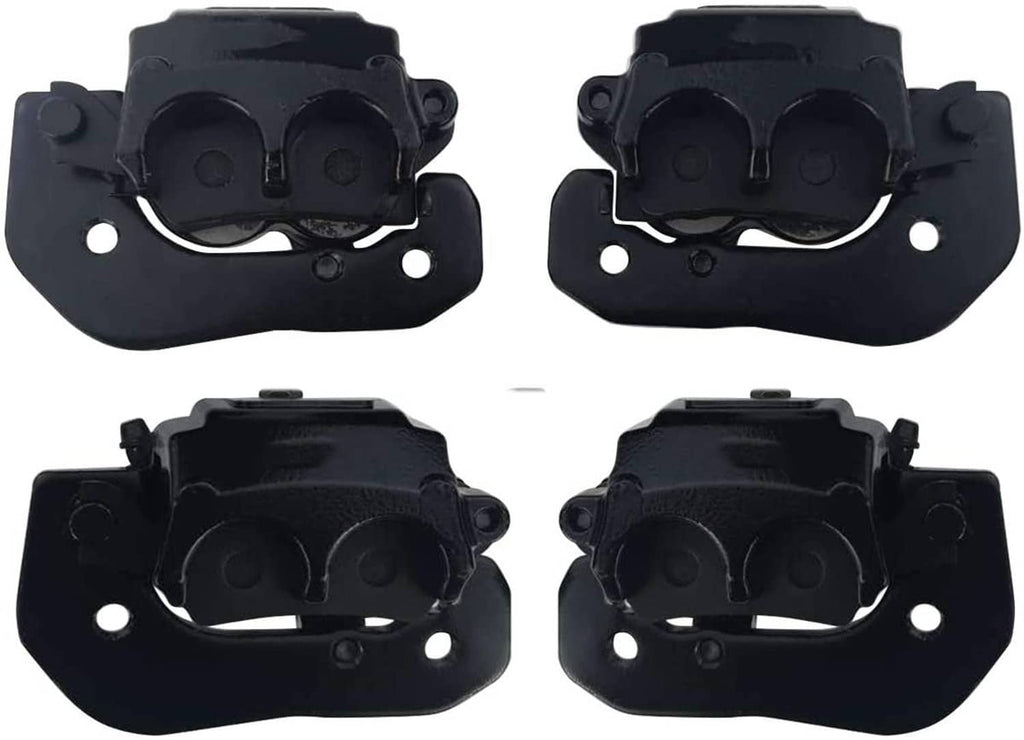 Black brake caliper set with mounting brackets and bolt holes, four-view collage