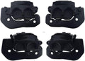 Black brake caliper set with mounting brackets and bolt holes, four-view collage