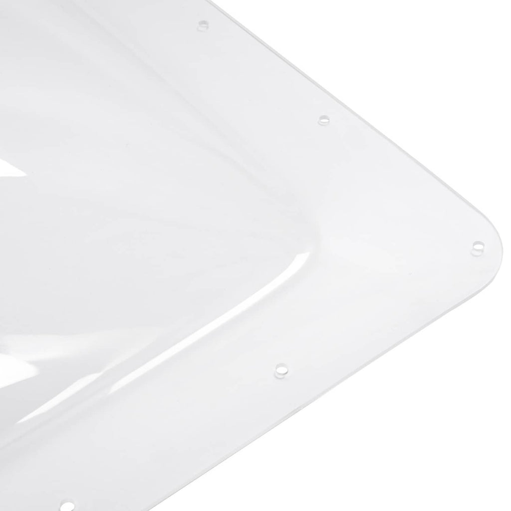 Clear RV skylight dome cover with white frame and mounting holes, 18x26 in