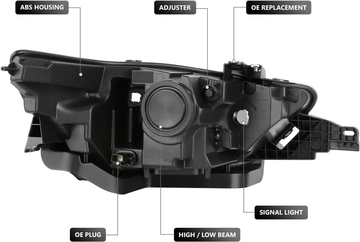 Black projector headlight housing shown from the rear with connector and adjuster parts