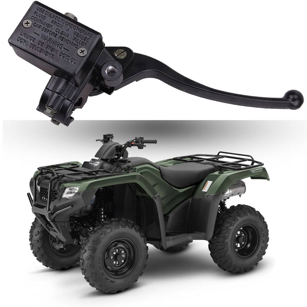 ATV brake master cylinder assembly with black lever and reservoir cap, close-up