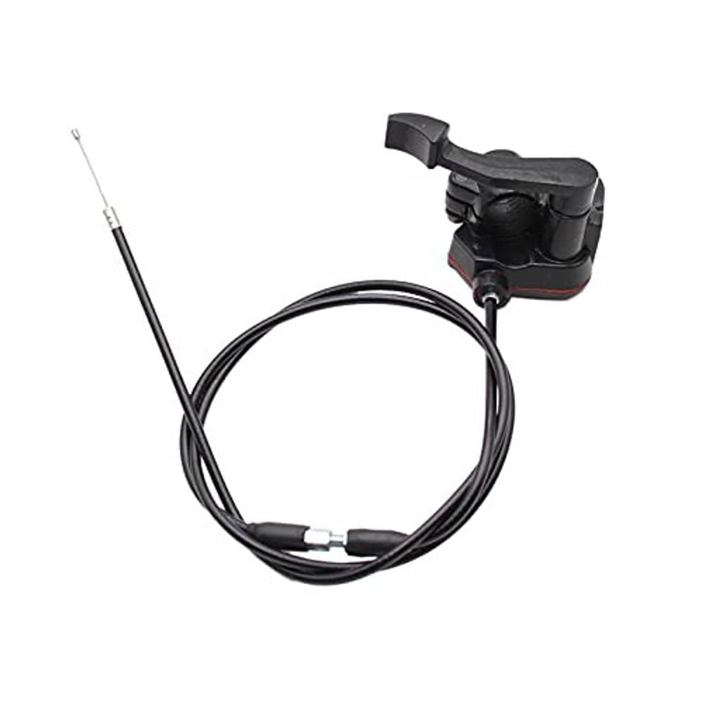 Black thumb throttle brake lever with looped control cable and exposed inner wire