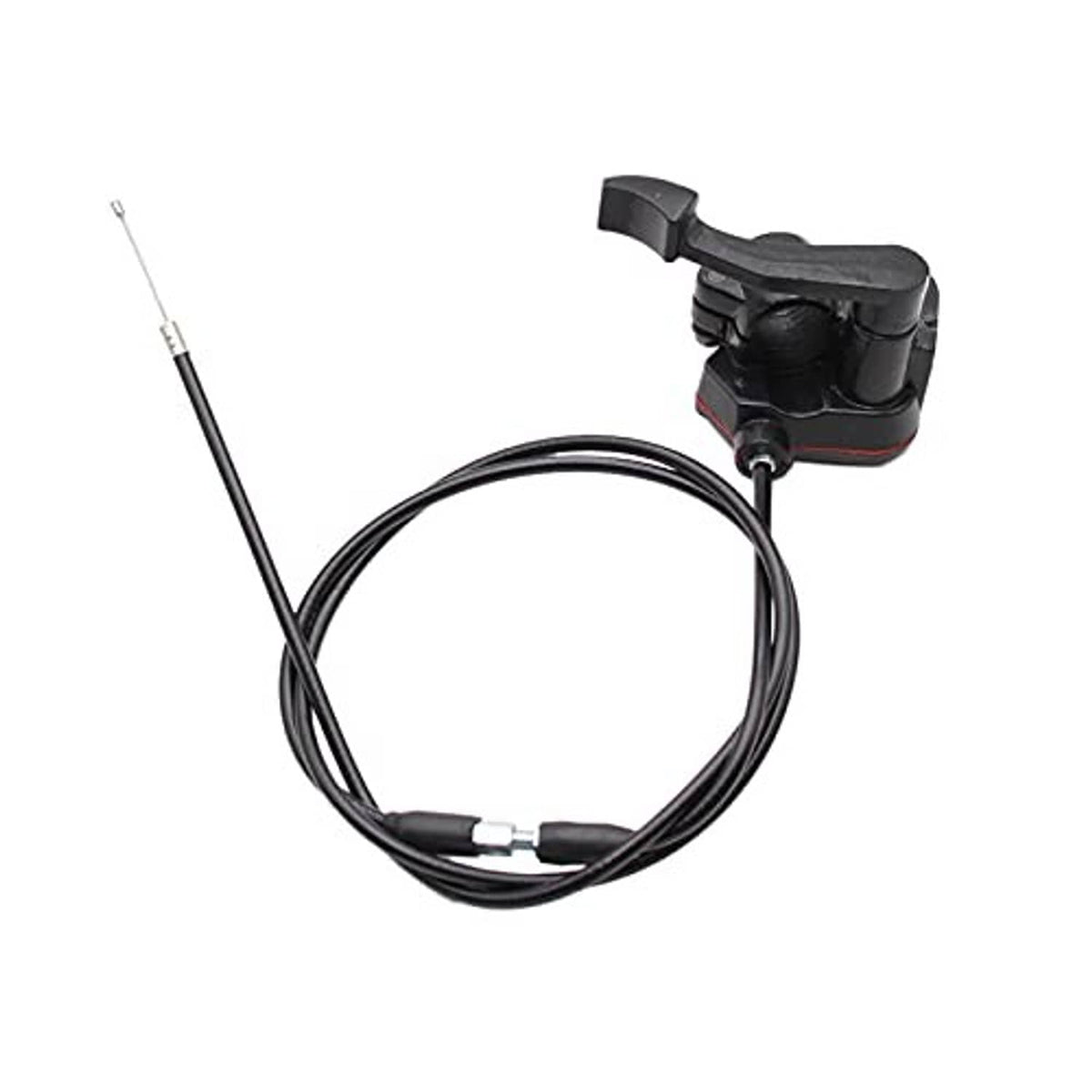 Black thumb throttle brake lever with looped control cable and exposed inner wire