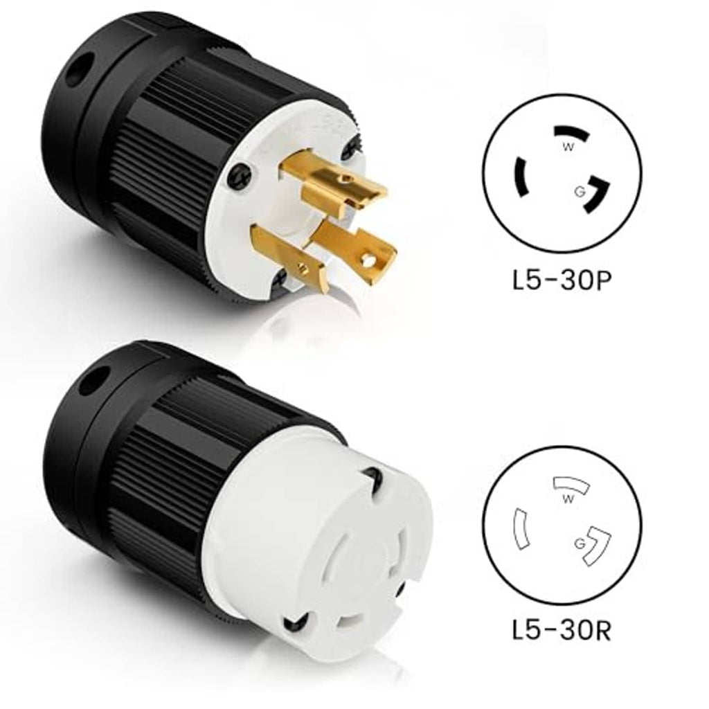 Female twist-lock connector showing brass terminals and L5-30R pin arrangement