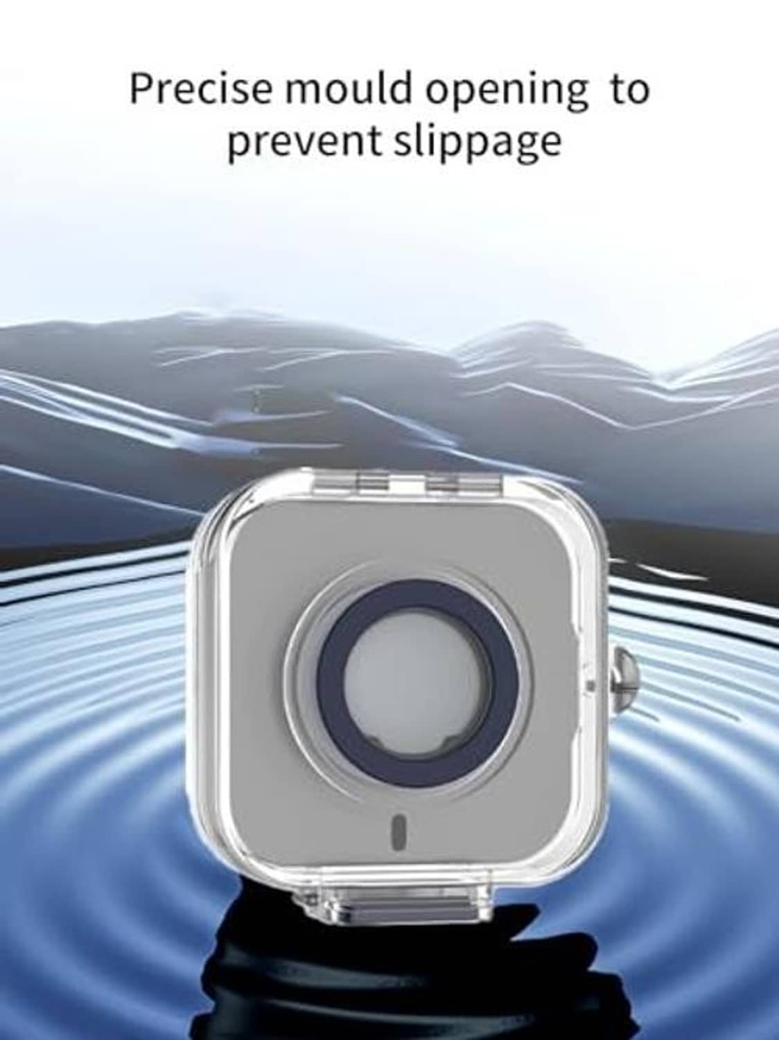 Clear shockproof charger case with blue circular insert and lanyard, secured with clip