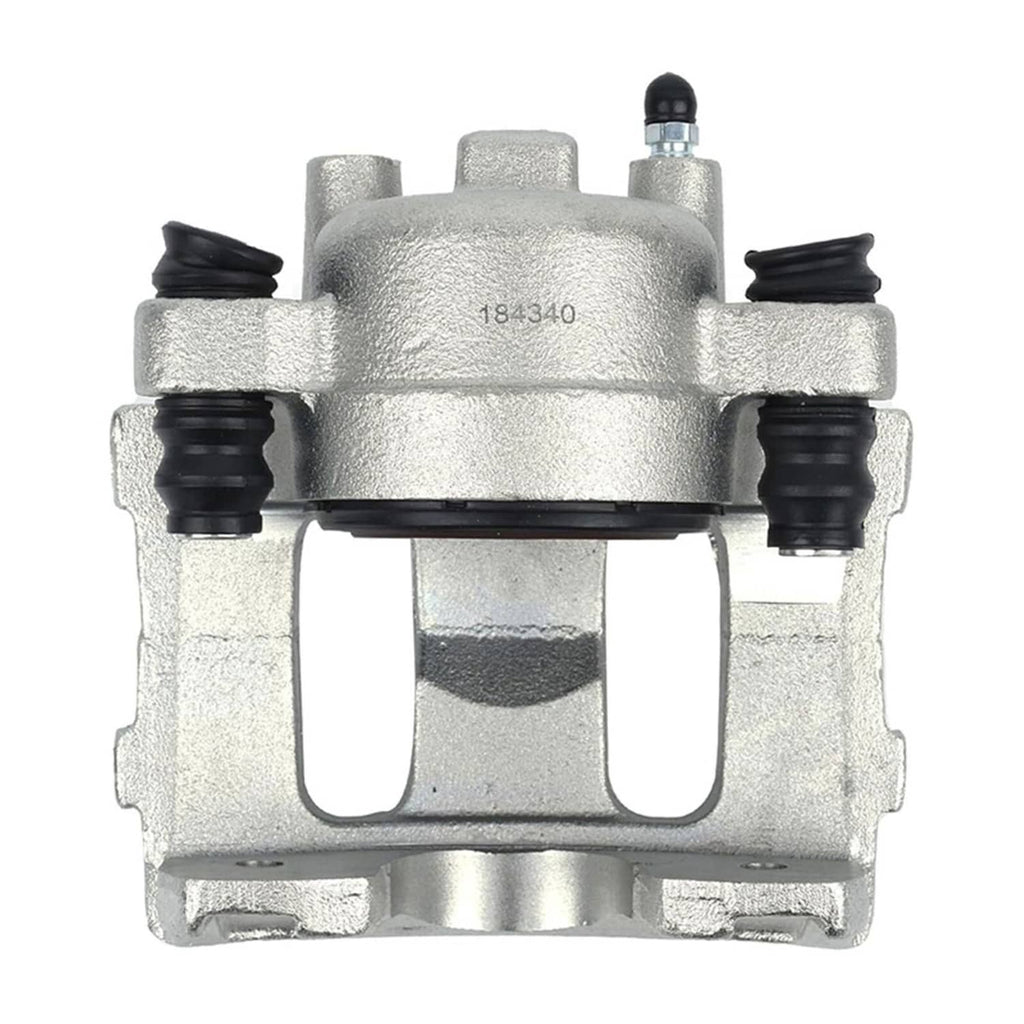 Front brake caliper in silver with four rubber guide boots and mounting bracket