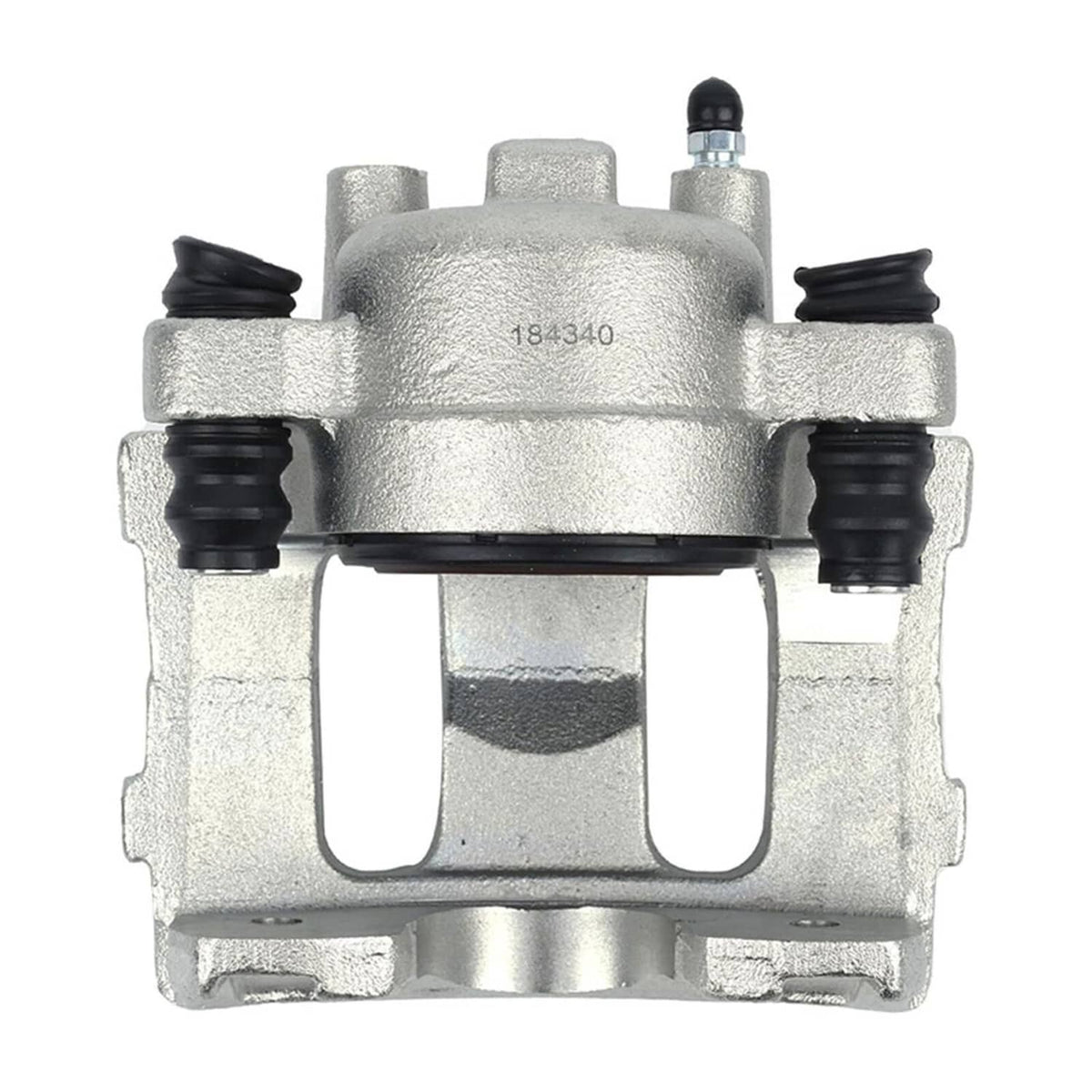 Front brake caliper in silver with four rubber guide boots and mounting bracket