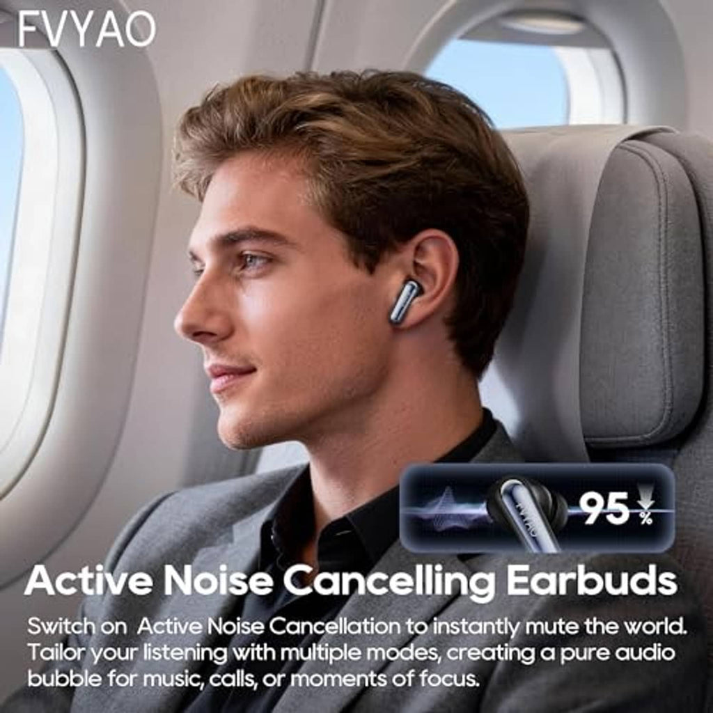 Person wearing black in-ear wireless earbuds on an airplane seat