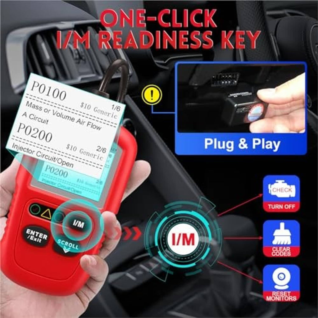 Red OBDII code reader with I/M readiness key screen near OBD connection