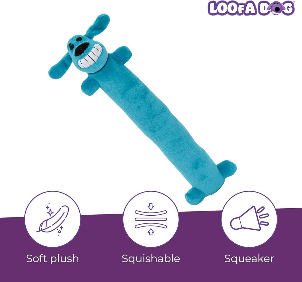 Blue long dog plush toy lying sideways, smiling face and floppy legs