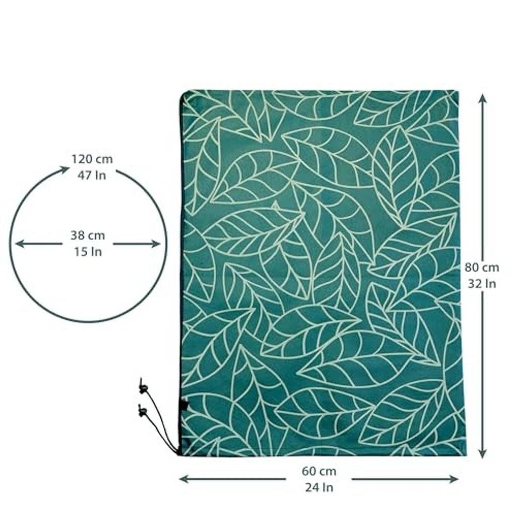 Green leaf-pattern plant cover with drawstring; dimensions shown (60 x 80 cm)