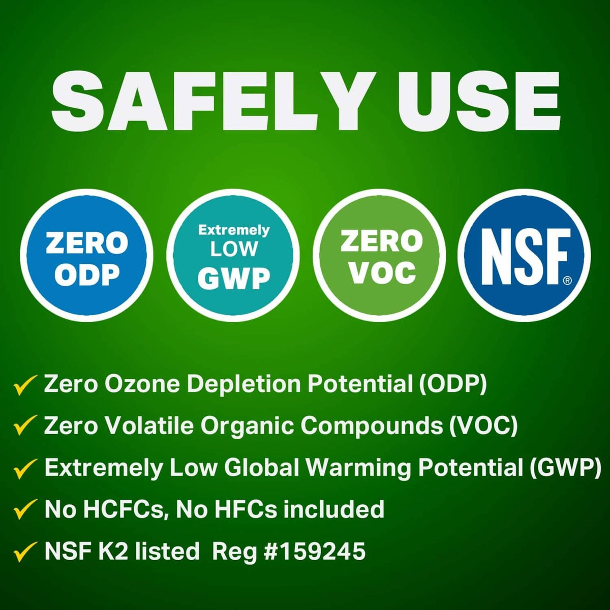 BW-100 safety use infographic with zero ODP, zero VOC, and NSF icons
