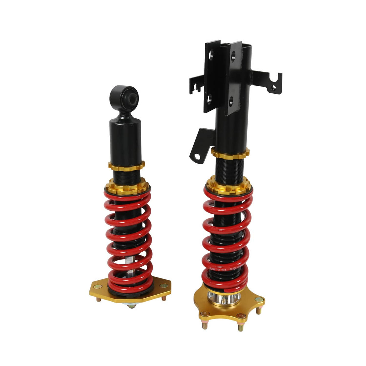 Pair of coilover shocks with red springs, black bodies, gold mounting bases
