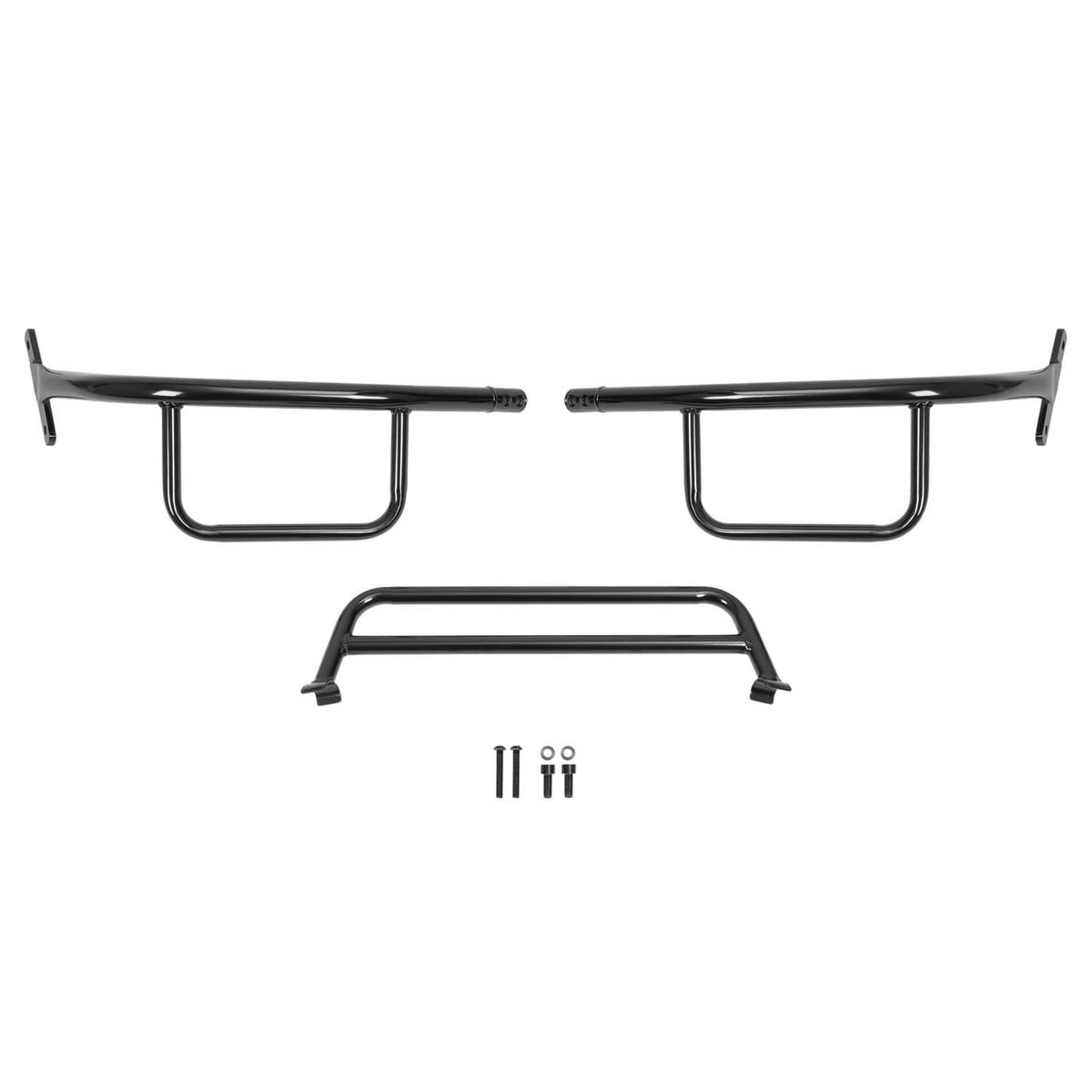 Black metal front brush guard components with side hoops and lower crossbar