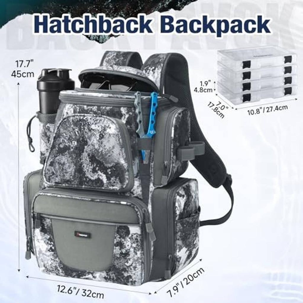 Gray and white camouflage fishing backpack with rod holders and stacked 4 tackle boxes