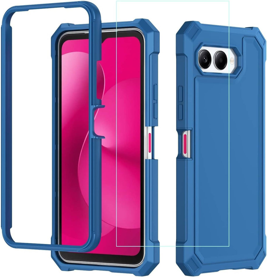 Blue rugged phone case with screen protector, front cover and camera cutout visible