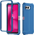 Blue rugged phone case with screen protector, front cover and camera cutout visible