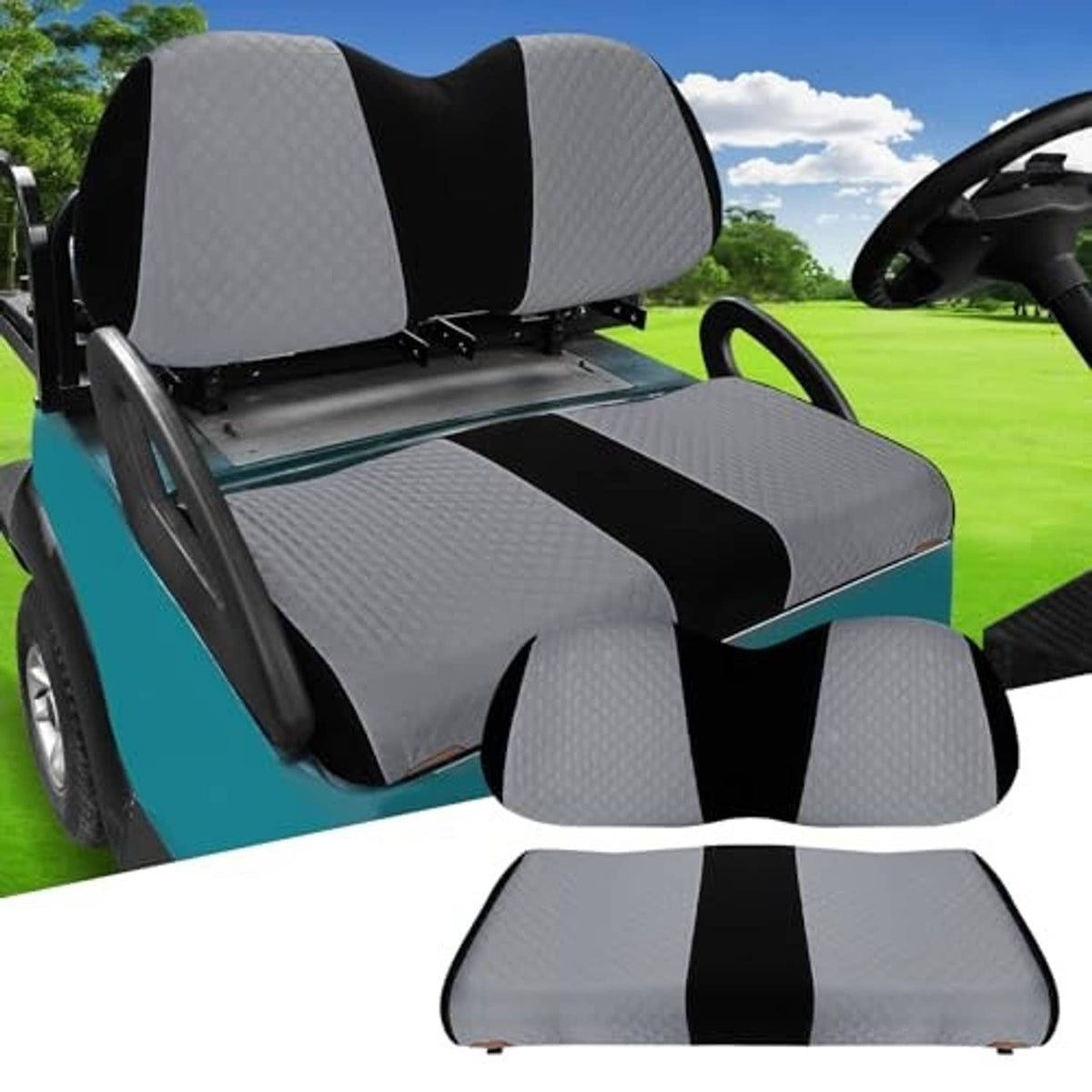 Gray and black golf cart seat cover set with contoured backrest and bottom pad