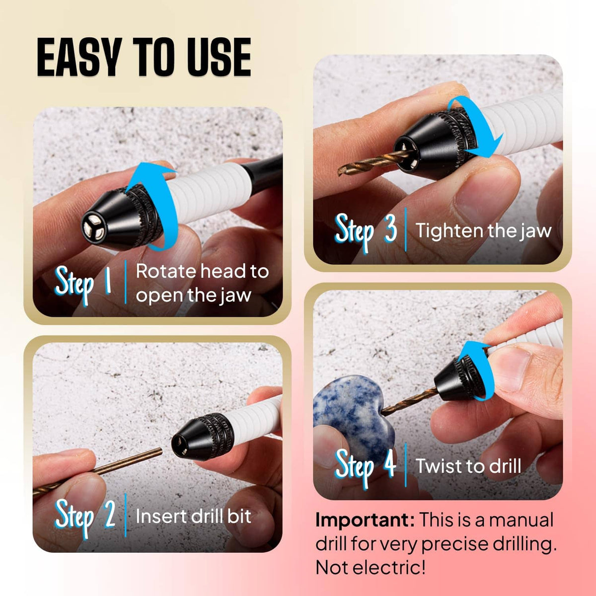 Pin vise with micro drill bits, close-up steps using blue handle and white grip