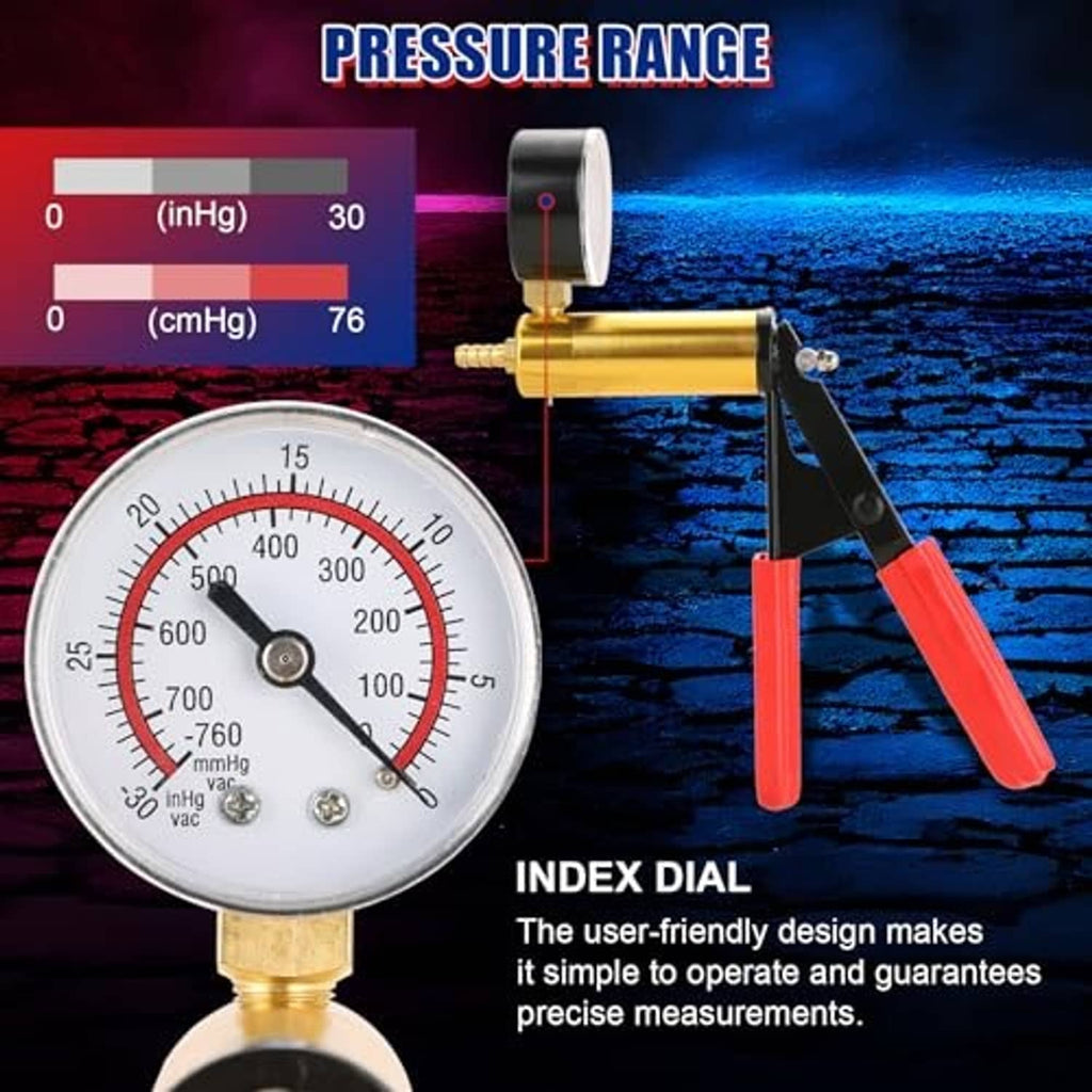 Vacuum brake bleeder vacuum pump with pressure gauge dial and red handle grips