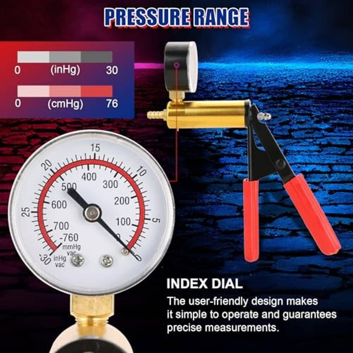 Vacuum brake bleeder vacuum pump with pressure gauge dial and red handle grips
