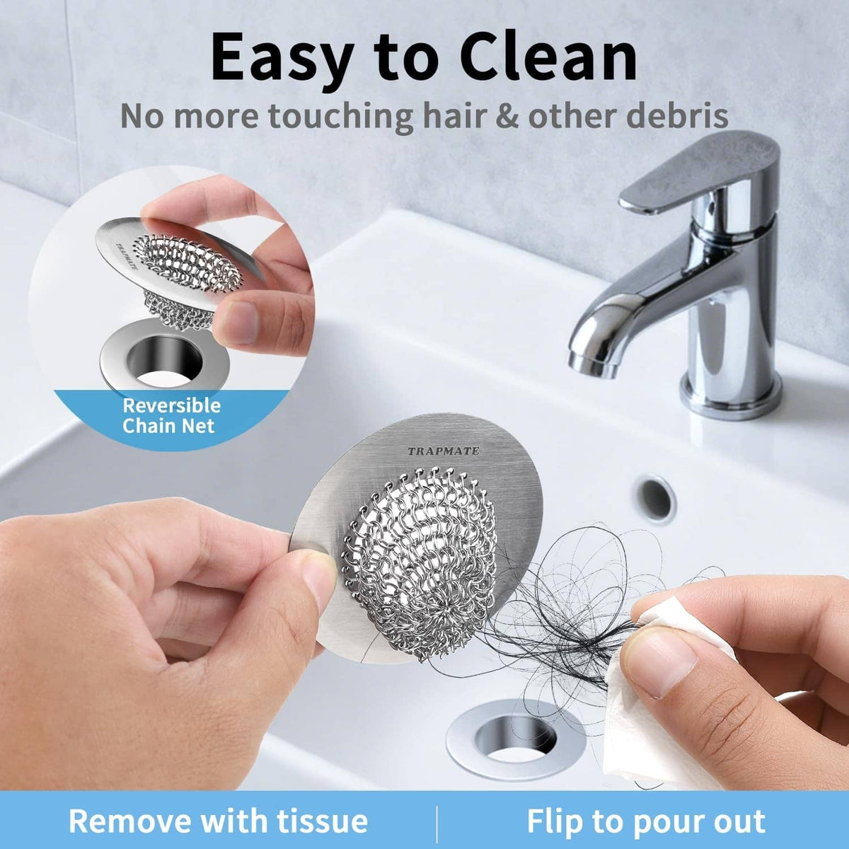 Reversible chainmail bathtub drain strainer for easy cleaning, hands show flipping design