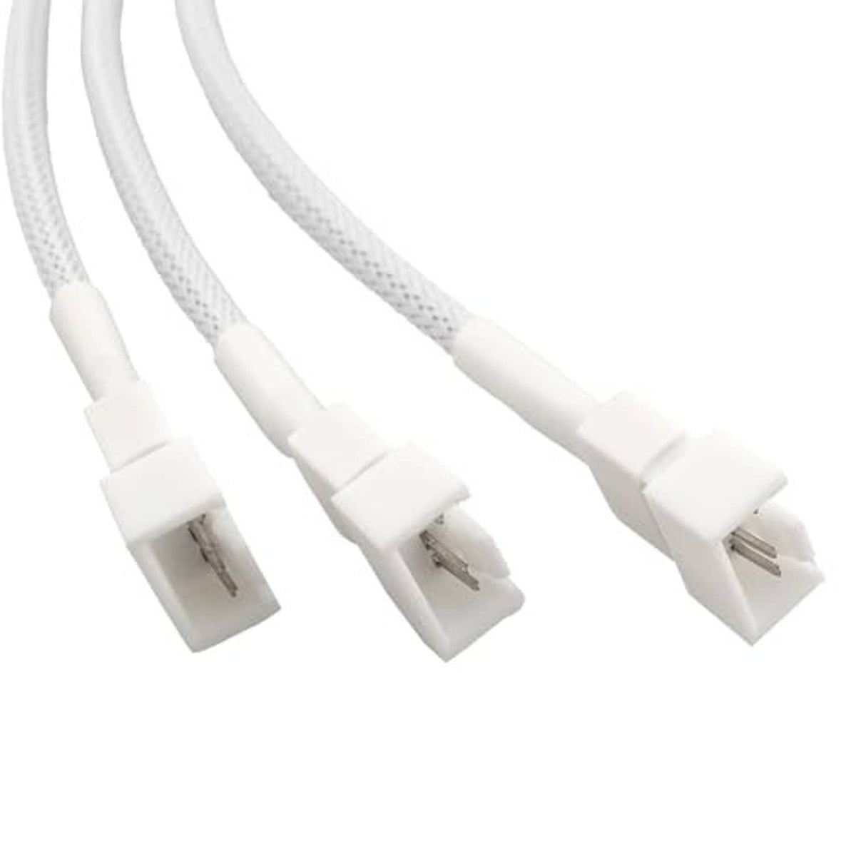 Close-up of white 4-pin PWM splitter cable connectors, one-to-three outputs