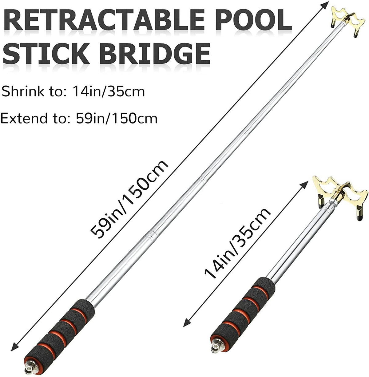 Retractable pool bridge stick tool with extended silver shaft and brass head