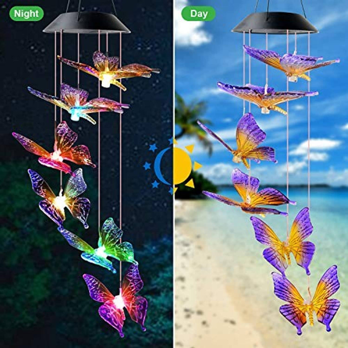 Solar wind chime with multicolor glowing butterfly charms on metal frame