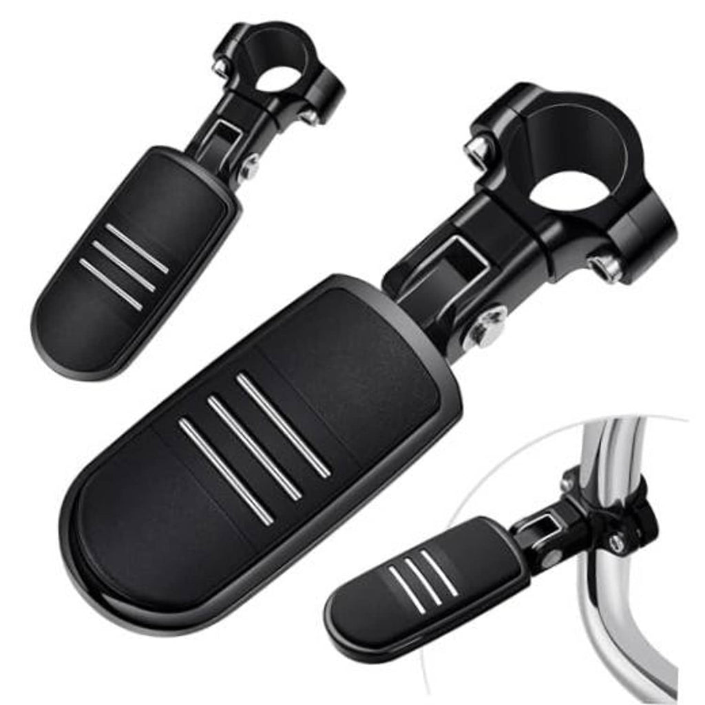Set of black motorcycle highway foot pegs with adjustable clamp mounts and ribbed tread pads