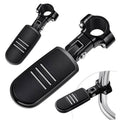 Set of black motorcycle highway foot pegs with adjustable clamp mounts and ribbed tread pads