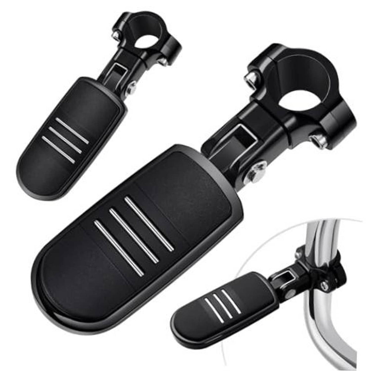 Set of black motorcycle highway foot pegs with adjustable clamp mounts and ribbed tread pads