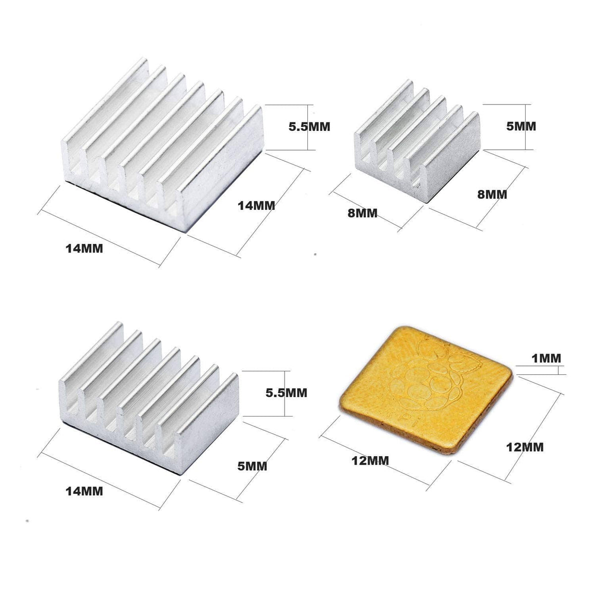 Aluminum heatsink with fin array and yellow adhesive pad, shown with size measurements
