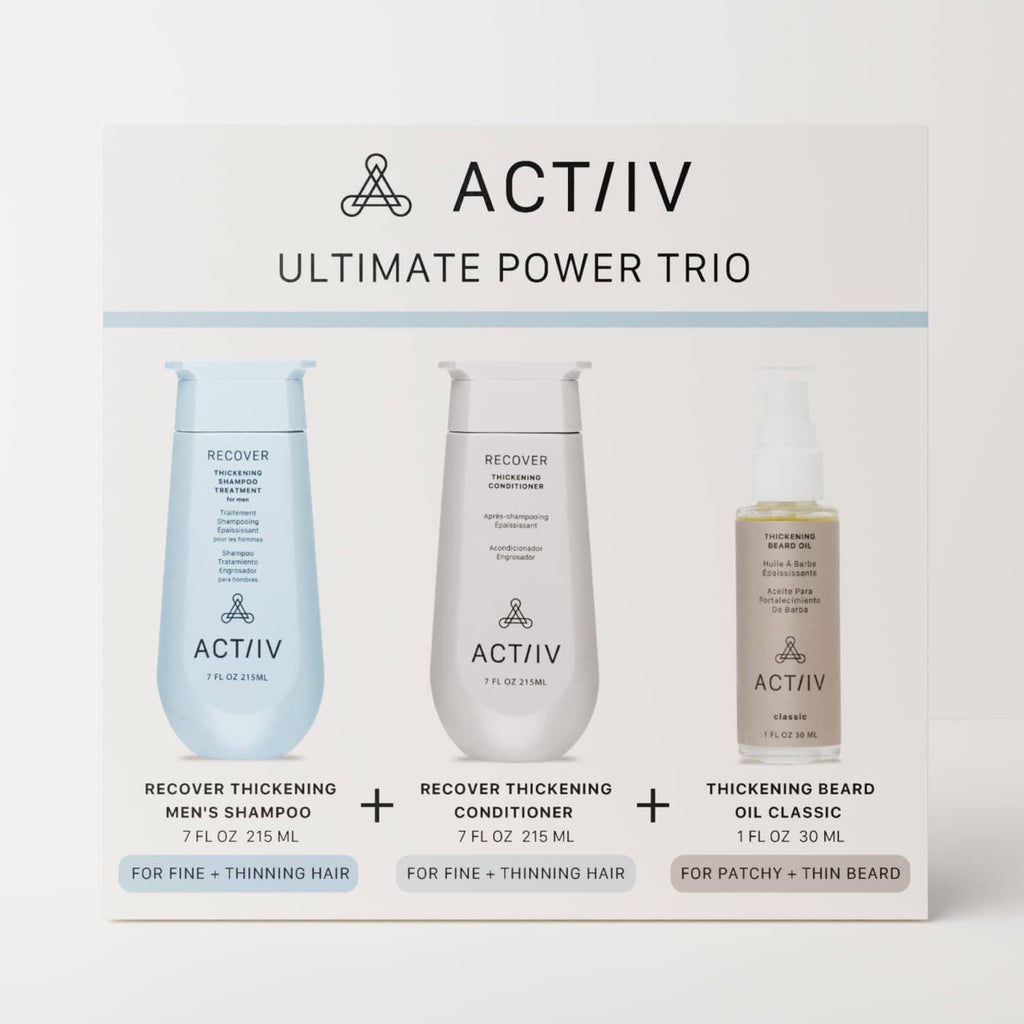 ACTIIV Ultimate Power trio box with blue shampoo, white conditioner, amber beard oil