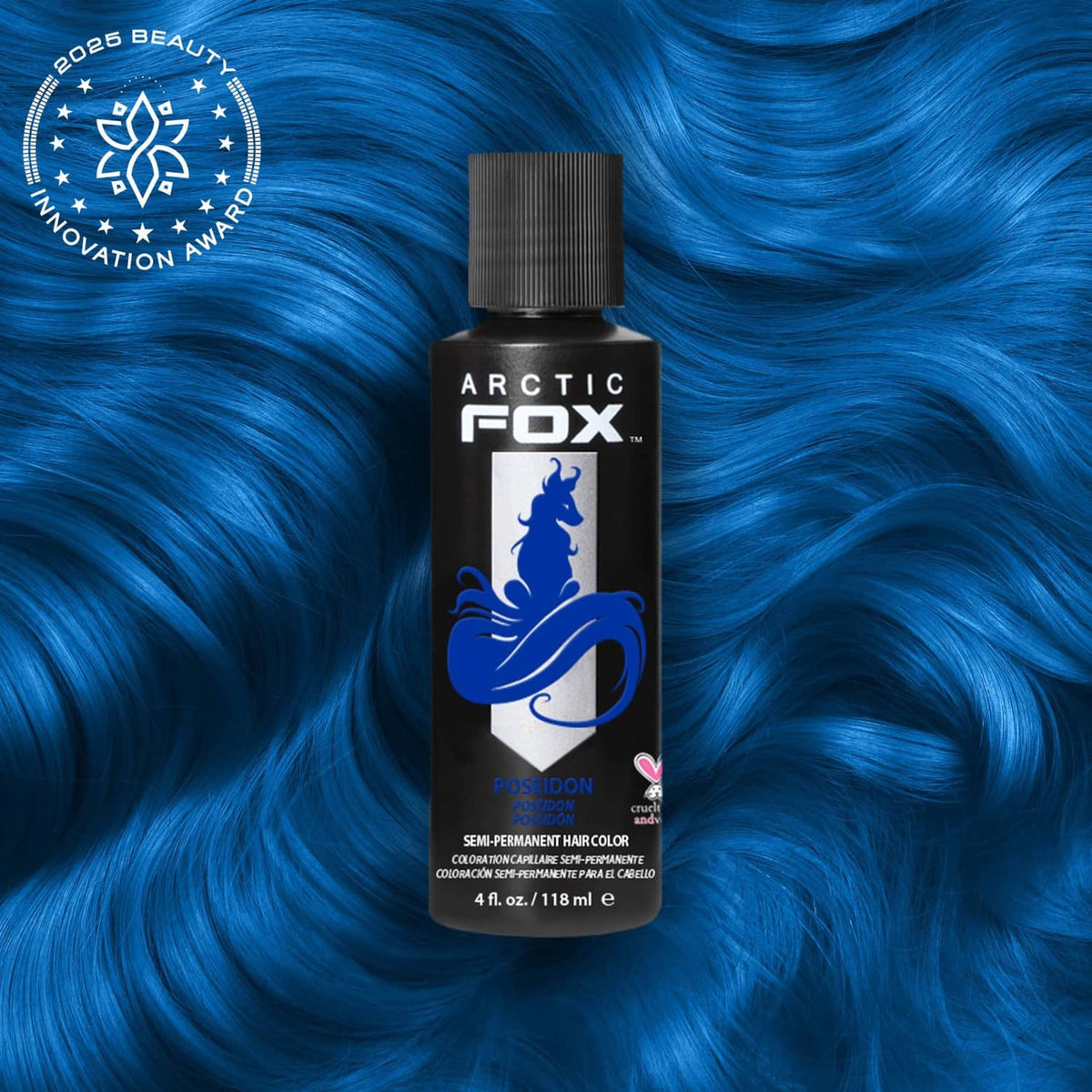 Semi-permanent hair dye bottle in Poseidon blue shade, black ridged cap.